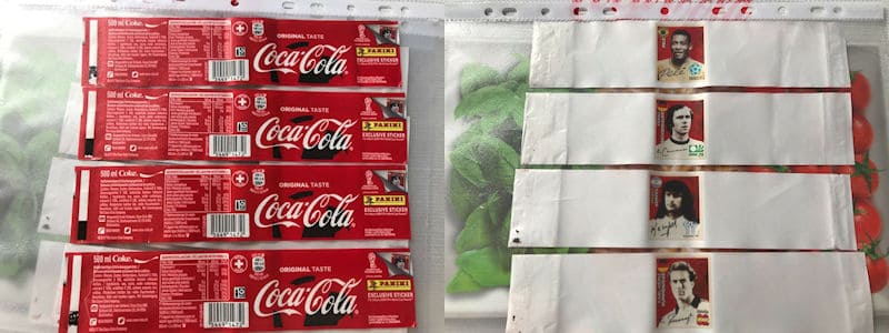 Rótulos das garrafas de Coca-Cola com as figurinhas do álbum GOLD EDITION