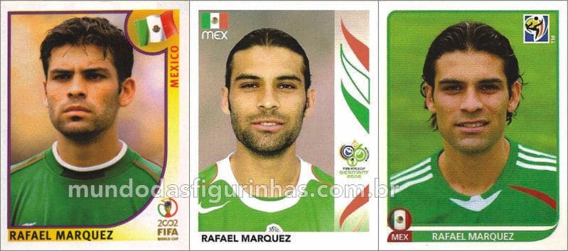 Figurinhas do Rafael Márquez nos álbuns da Copa de 2002, 2006 e 2010.