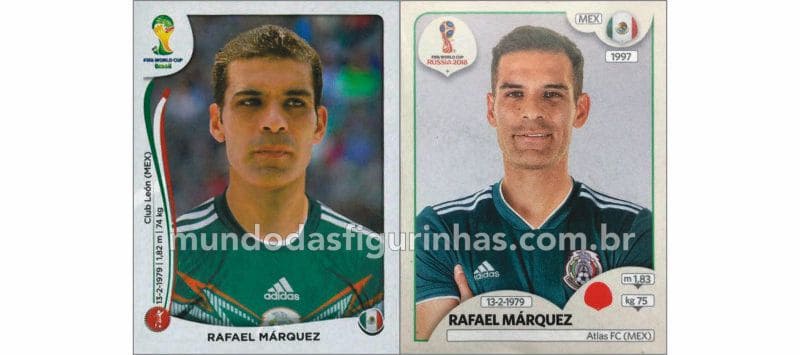 Figurinhas do Rafael Márquez nos álbuns da Copa de 2014 e 2018.