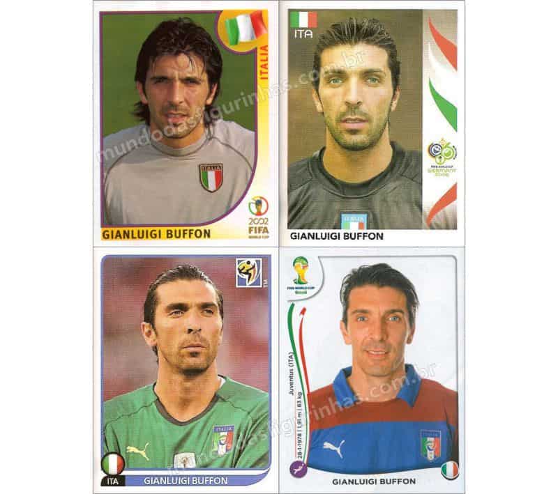 Figurinhas do Buffon nos álbuns das Copas de 2002 a 2014.