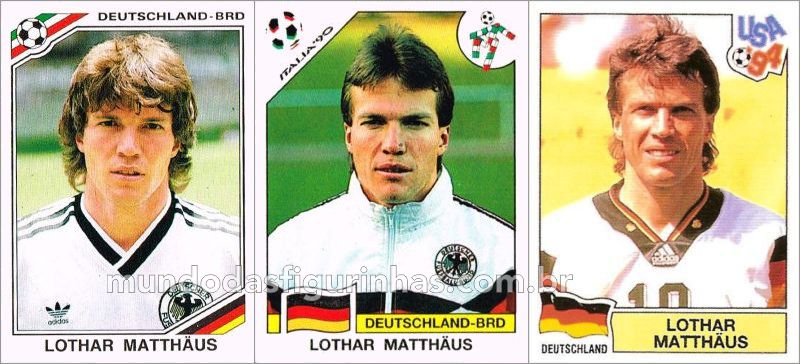 Figurinhas do Lothar Matthäus nos álbuns da Copa de 86, 90 e 94.