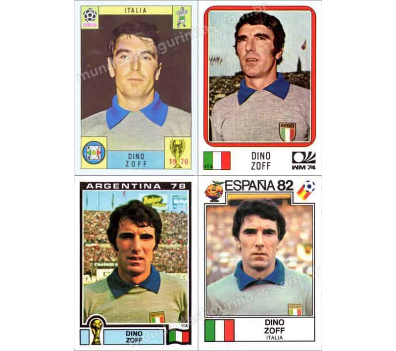 Figurinhas do Dino Zoff nos álbuns da Copa de 1970 a 1982.