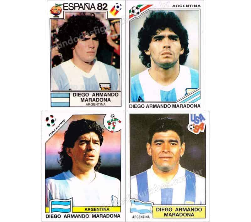 Figurinhas do Maradona nos álbuns da Copa de 1982 a 1994.