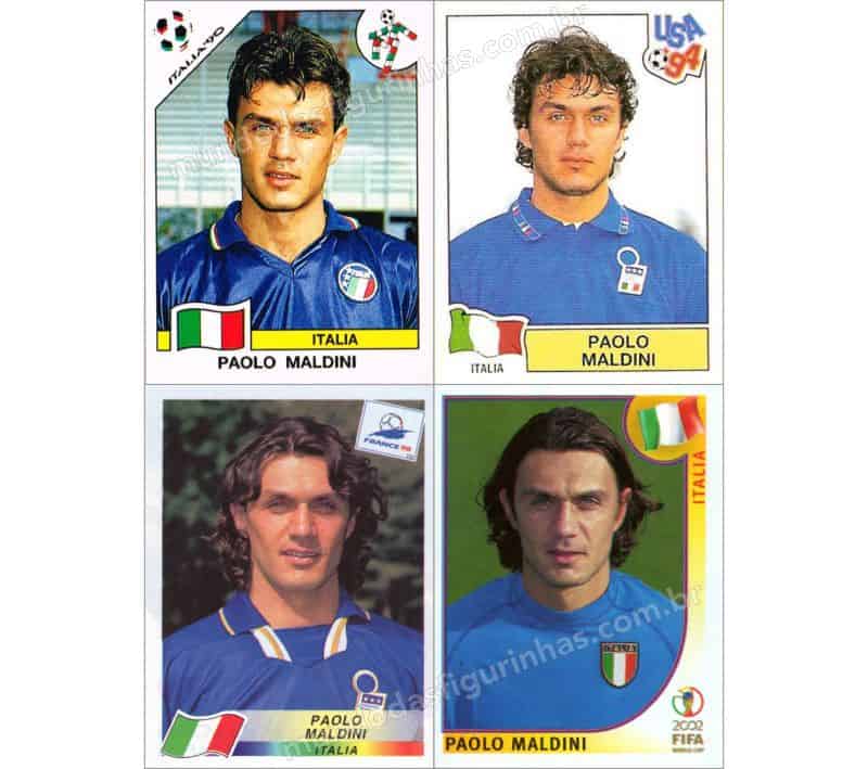 Figurinhas do Maldini nos álbuns da Copa de 1990 a 2002.