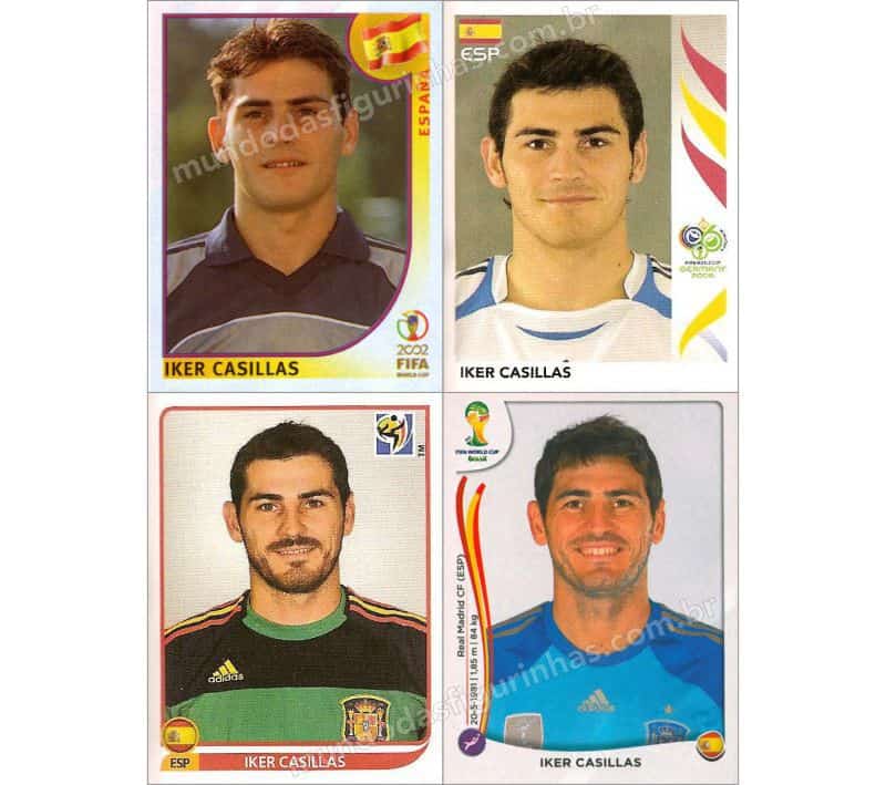 Figurinhas do Casillas nos álbuns da Copa de 2002 a 2014.