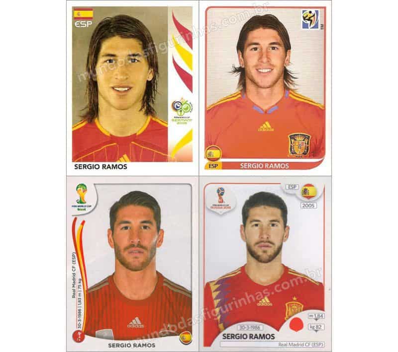 Figurinhas do Sergio Ramos nos álbuns da Copa de 2006 a 2018.