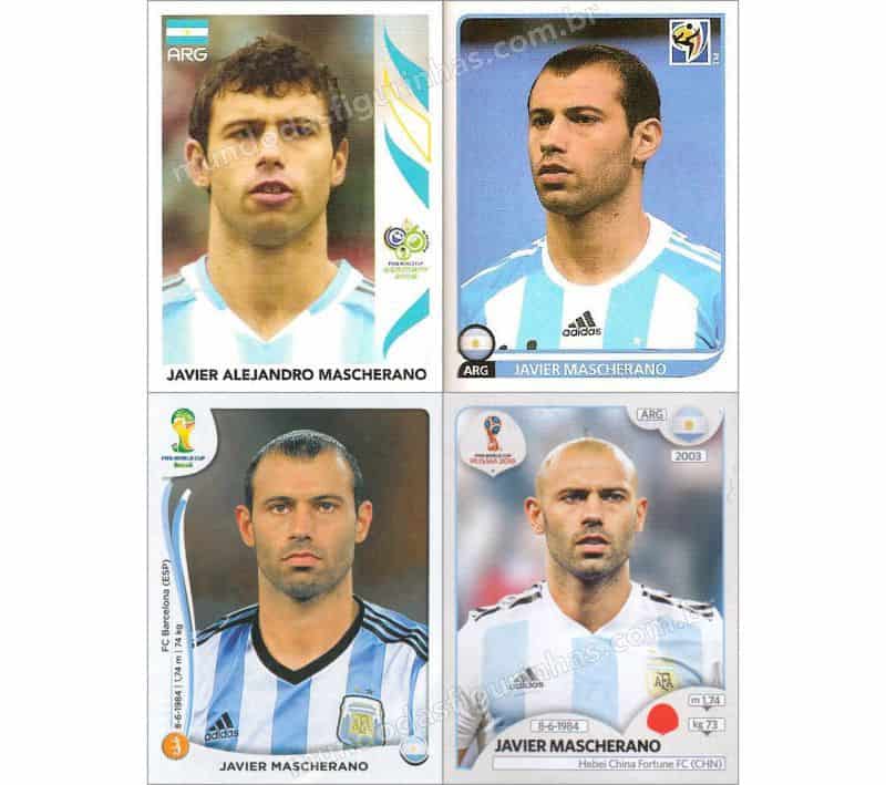 Figurinhas do Mascherano nos álbuns da Copa de 2006 a 2018.