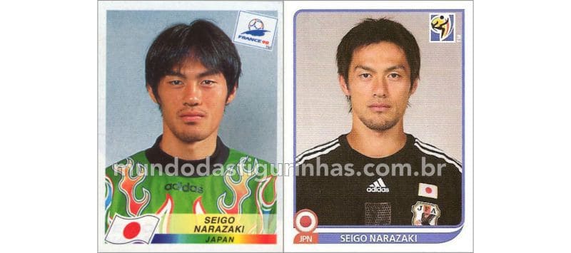 Figurinhas do Seigo Narazaki nos álbuns da Copa de 1998 e 2010.