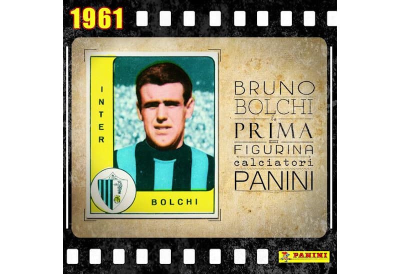 Arte con la primera figurita impresa por Panini, del defensor Bruno Bolchi, del Inter de Milán.
