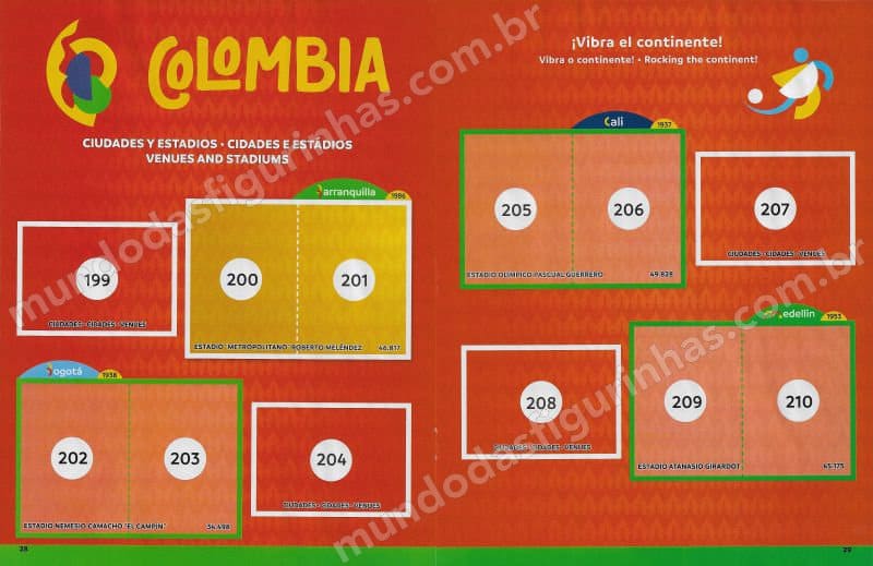 Páginas 28 e 29: cidades e estádios da Colômbia.