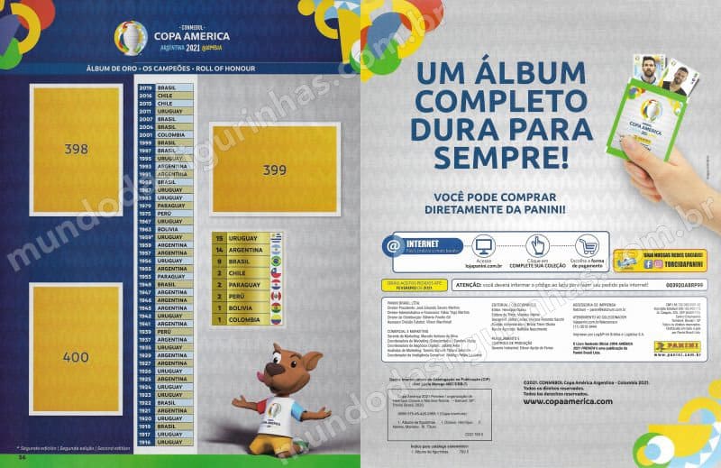 Páginas 56 y 57, la lista de campeones e información de Panini Brasil.
