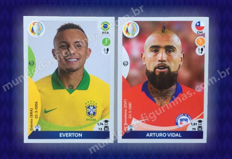 Figurinhas nº 269 e 160, dos jogadores Everton (Brasil) e Arturo Vidal (Chile).