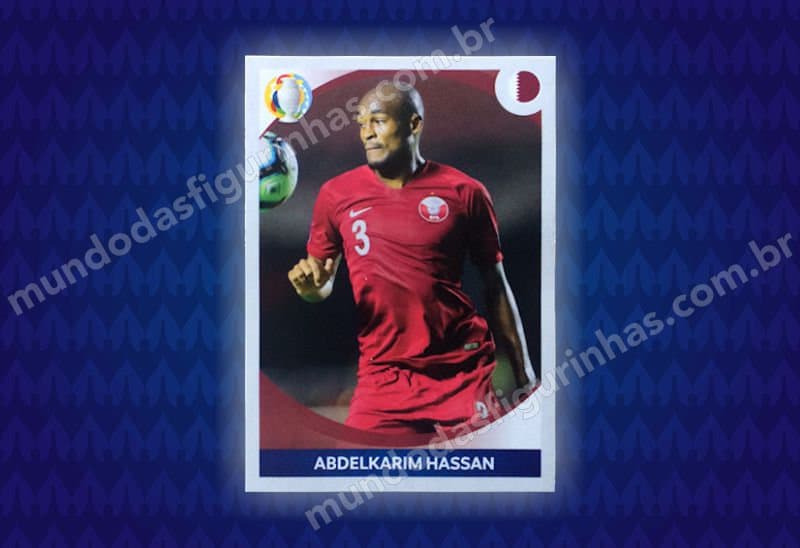 Figurinha nº 279, o jogador Abdelkarim Hassan, do Qatar, em ação.