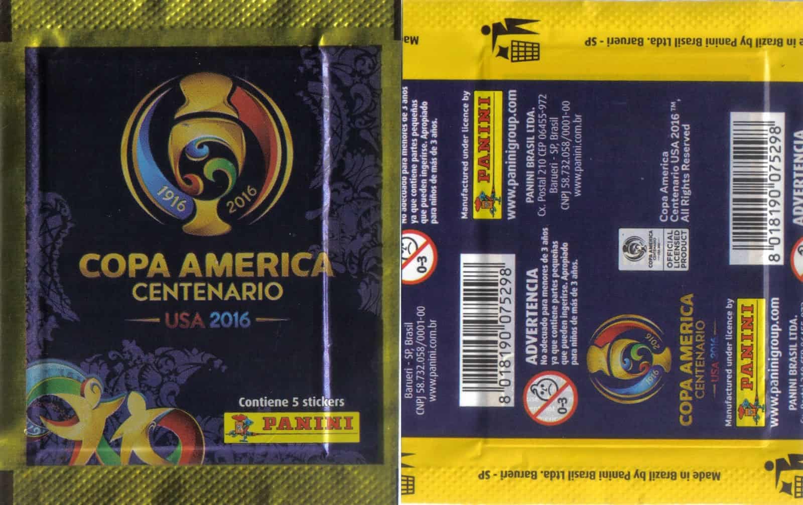 Made in Brazil, com a frase "Contiene 5 stickers".
Verso na horizontal, sem o preço.
Esse pacotinho foi distribuído nos países da América do Sul, exceto Argentina.