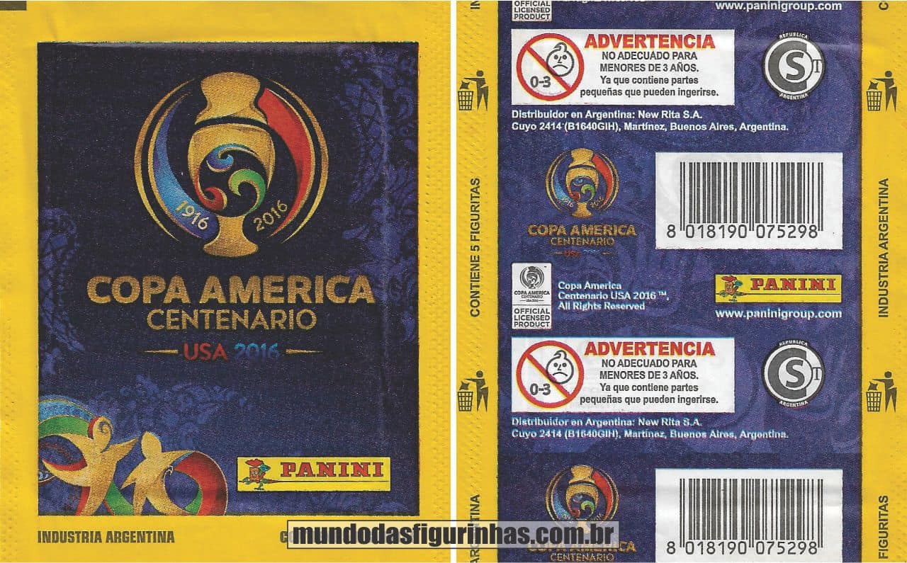 Pacotinho do álbum da Copa América Centenário, Industria Argentina, com a frase "Contiene 5 figuritas".
Verso na vertical, sem preço.