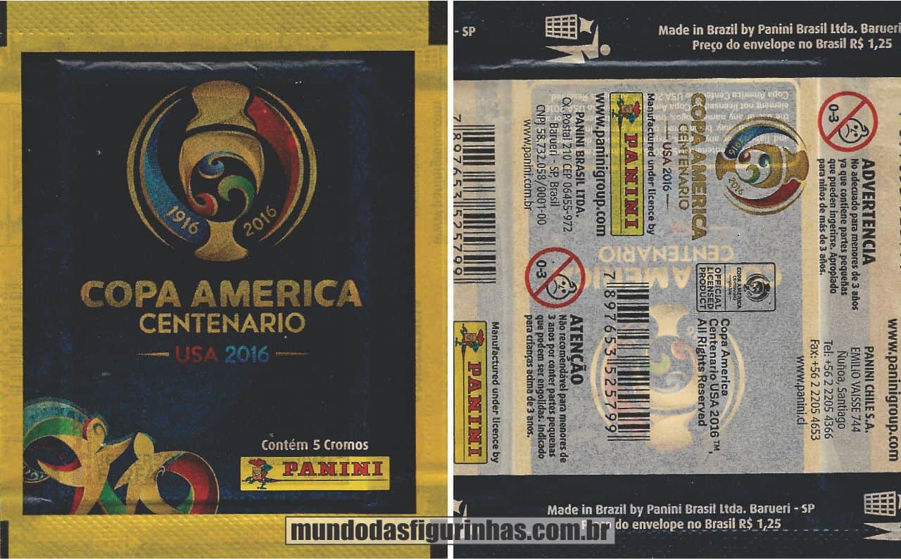 Pacotinho do álbum da Copa América Centenário, Made in Brazil, com a frase "Contém 5 cromos". 
Verso na horizontal, com o preço.