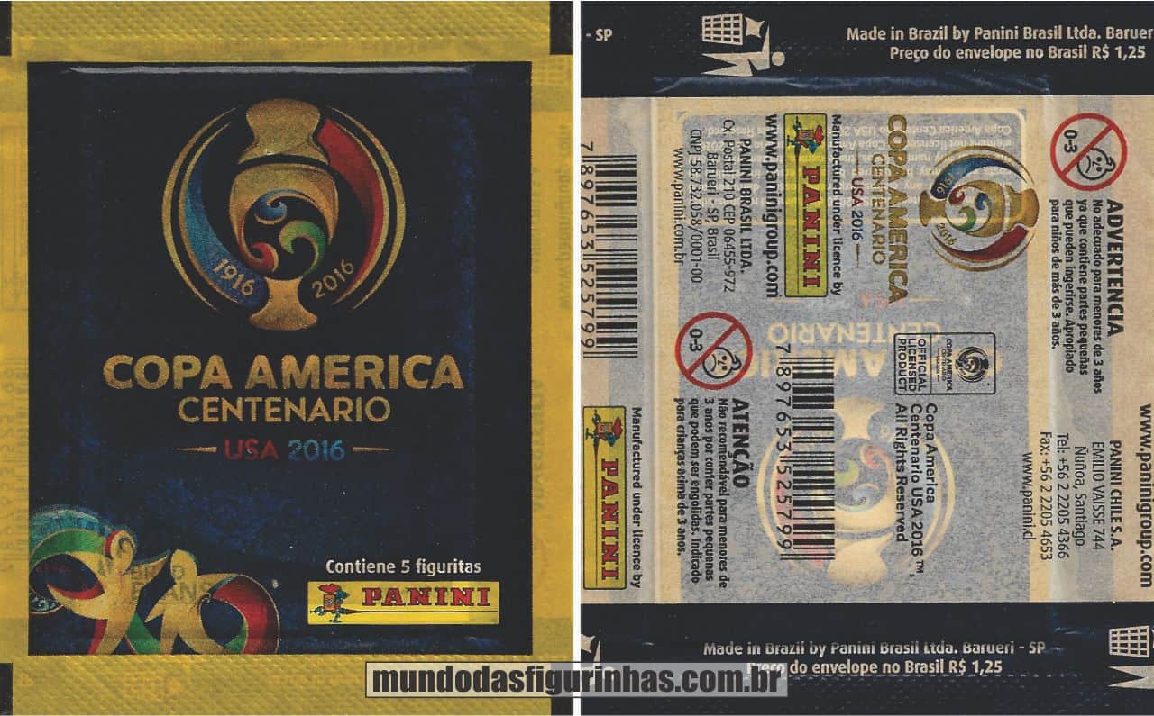 Pacotinho do álbum da Copa América Centenário, Made in Brazil, com a frase "Contiene 5 figuritas". 
Verso na horizontal, com o preço.