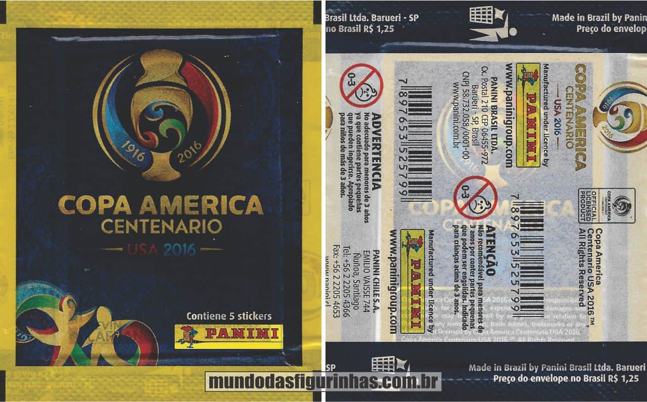 Pacotinho do álbum da Copa América Centenário, Made in Brazil, com a frase "Contiene 5 stickers". 
Verso na horizontal, com o preço.