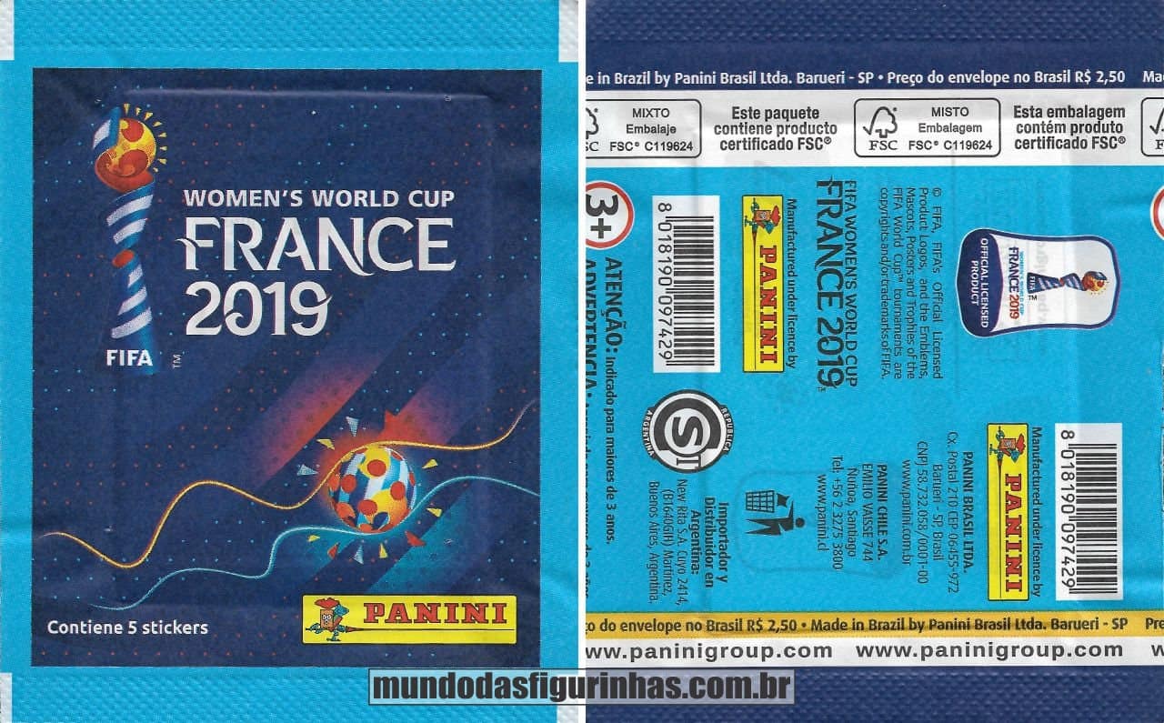 Pacotinho do álbum da Copa Feminina 2019 lançado no Brasil, com a frase "Contiene 5 Stickers".